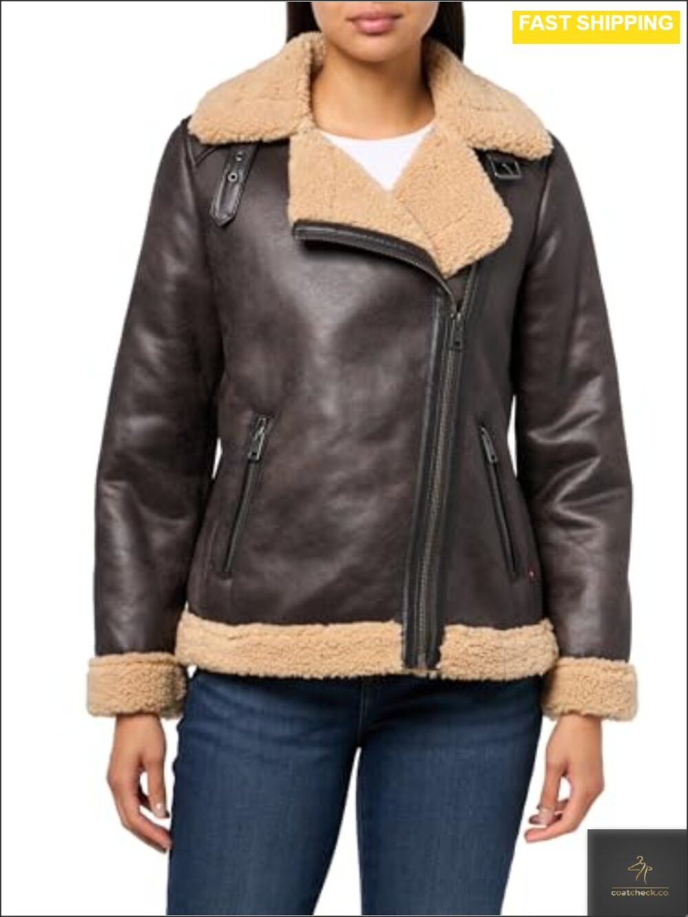 Faux Shearling Moto Coat Sherpa Lined Zip Pockets Warm Winter Jacket